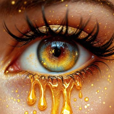 The primary subject of the image is a woman's eye, which is the main focus of the image. The setting is a close-up of the eye, with a gold background. The visual style is a digital art or illustration, creating a unique and eye-catching effect. The colors and mood of the image are dominated by the gold color, which gives the image a warm and luxurious atmosphere.